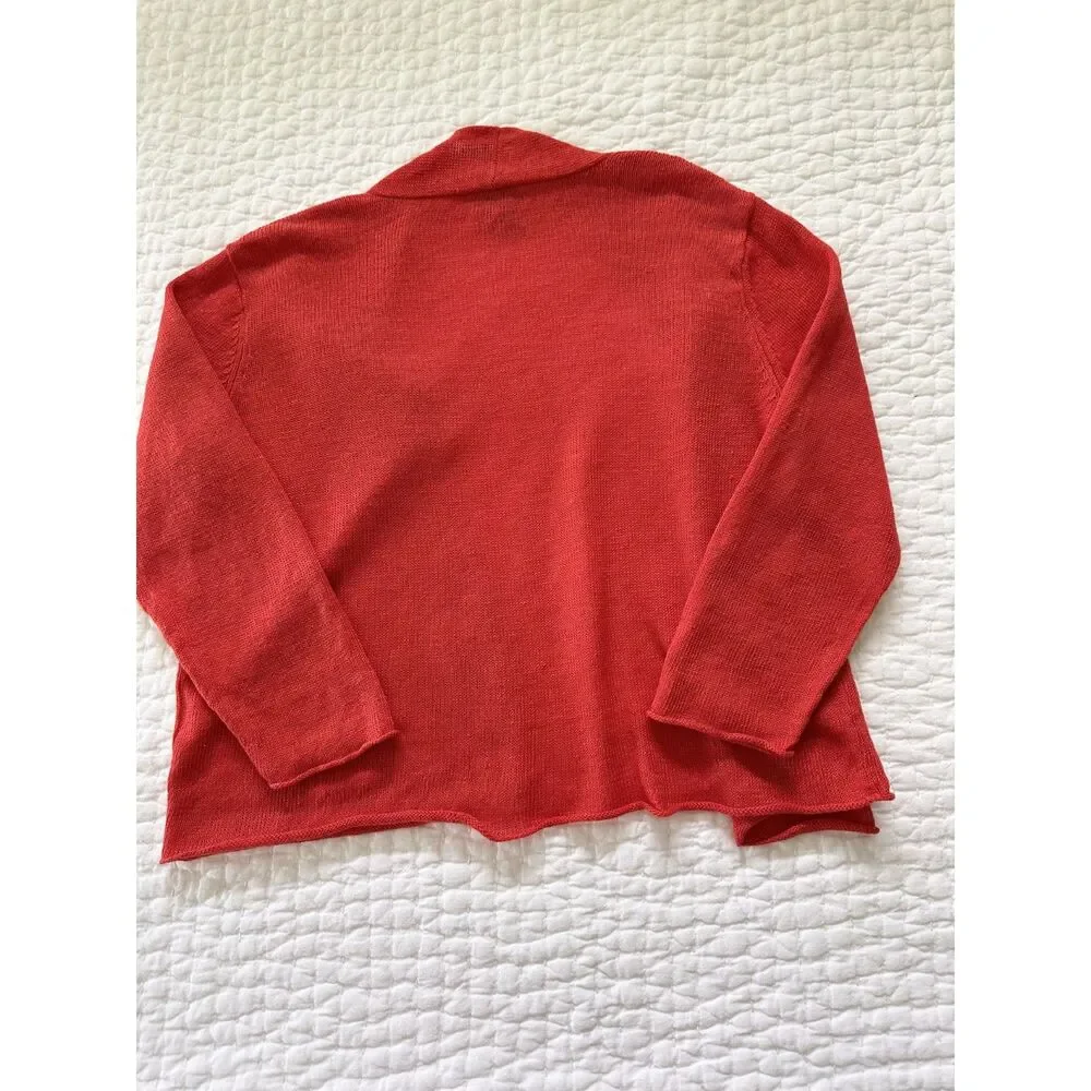 Eileen Fisher 100% Linen Open Front Cardigan Sweater Burnt Orange Small